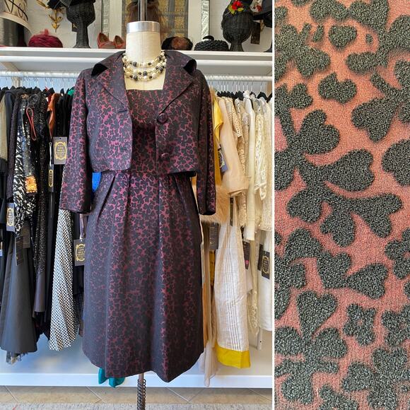 Vintage 1950s 2 piece dress and jacket burgundy and black, s/m, mrs maisel, mcm - Picture 1 of 10